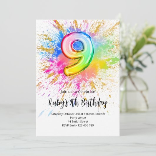 Rainbow 9th Birthday Invitation Kaart (Staand voorkant)
