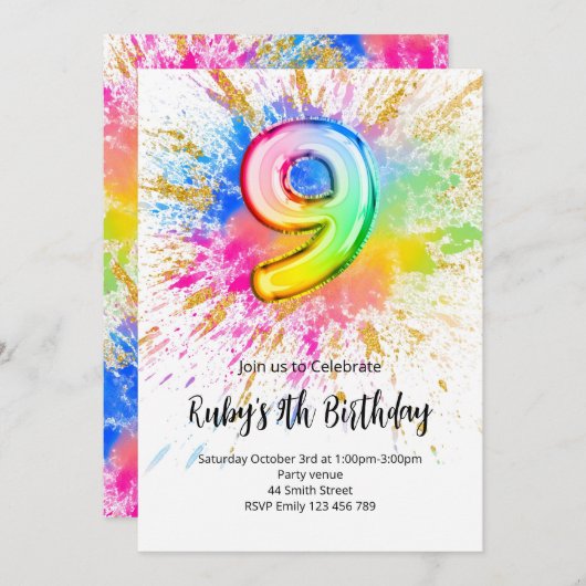 Rainbow 9th Birthday Invitation Kaart (Voorkant / Achterkant)