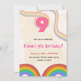  Rainbow 9th Birthday Party Invitation Kaart