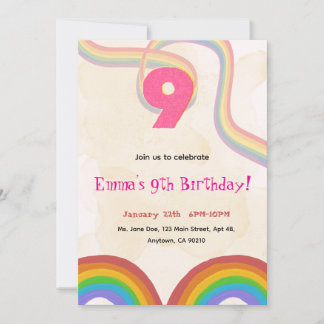  Rainbow 9th Birthday Party Invitation Kaart