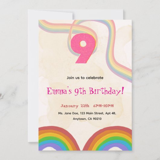  Rainbow 9th Birthday Party Invitation Kaart (Voorkant)