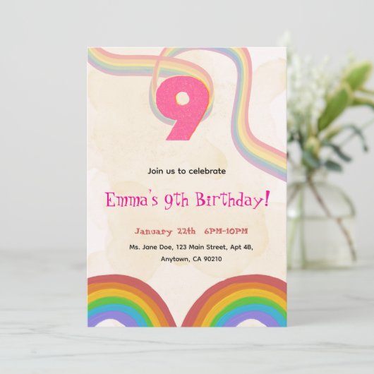  Rainbow 9th Birthday Party Invitation Kaart (Staand voorkant)