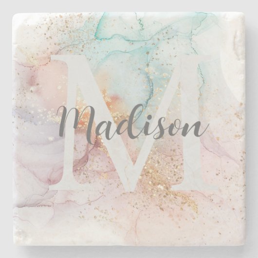 Rainbow Alcohol Ink & Gold Glitter Monogram Naam Stenen Onderzetter (Voorkant)
