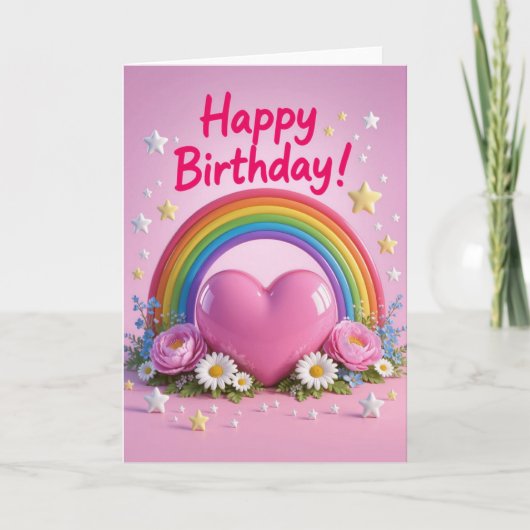 Rainbow and pink love heart birthday kaart (Voorkant)