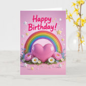 Rainbow and pink love heart birthday kaart (Gele Bloem)