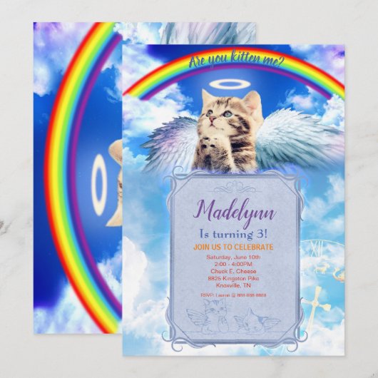 Rainbow Angel Cat Angelic Invitation Kaart (Voorkant / Achterkant)
