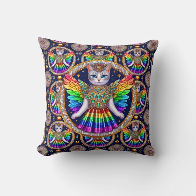 Rainbow Angel Cat Kussen (Voorkant)