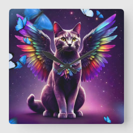 Rainbow Angel Cat Vierkante Klok