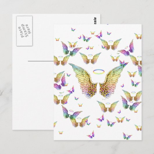 Rainbow Angel Wings en Halos Briefkaart (Voorkant / Achterkant)
