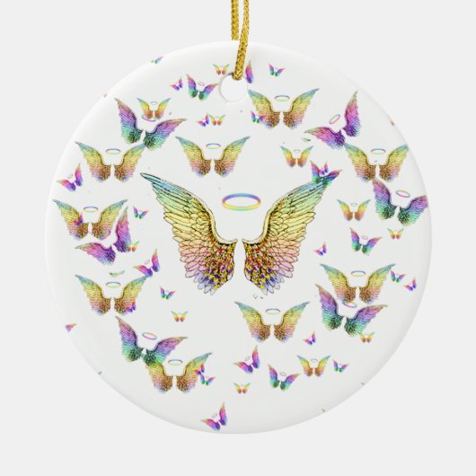 Rainbow Angel Wings en Halos Keramisch Ornament (Voorkant)