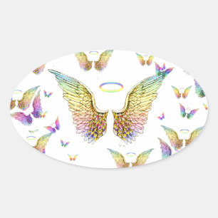Rainbow Angel Wings en Halos Ovale Sticker