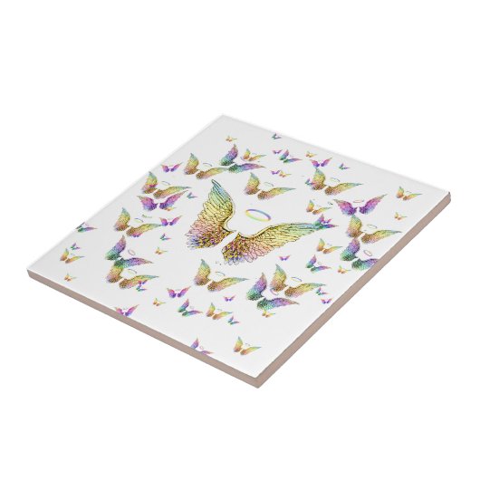 Rainbow Angel Wings en Halos Tegeltje (Zijkant)