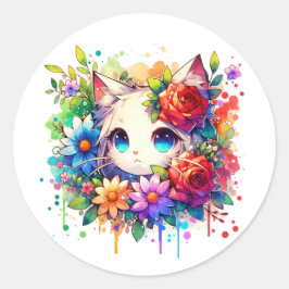 Rainbow Anime Kitten Verjaardag Ronde Sticker