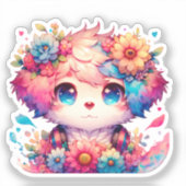 Rainbow Anime Puppy Hond en bloemen Sticker (Voorkant)