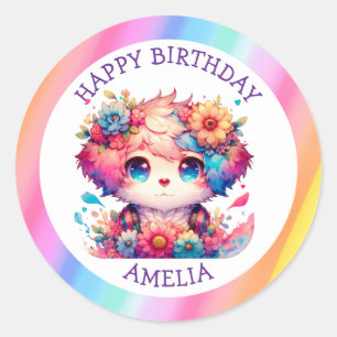 Rainbow Anime Puppy Verjaardagstaart Gepersonalise Ronde Sticker