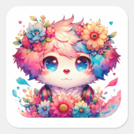 Rainbow Anime Puppy Verjaardagstaart Vierkante Sticker