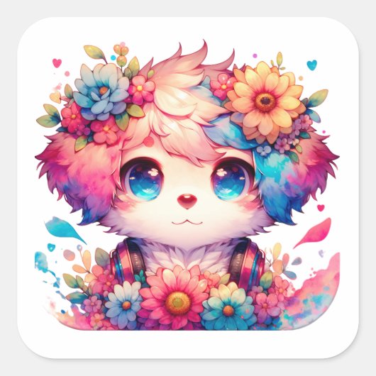 Rainbow Anime Puppy Verjaardagstaart Vierkante Sticker (Voorkant)
