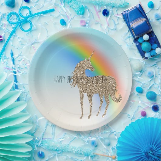 Rainbow Aqua Ombre Gold Glitter Unicorn Papieren Bordje (Feest)