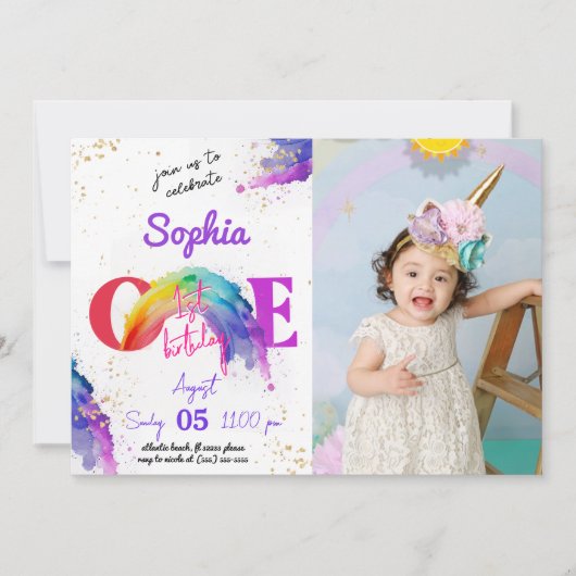 Rainbow Aquarel Foto Uitnodiging Verjaardag (Voorkant)
