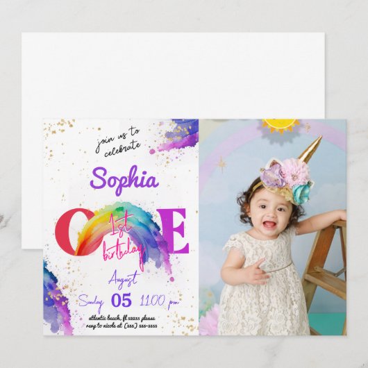 Rainbow Aquarel Foto Uitnodiging Verjaardag (Voorkant / Achterkant)