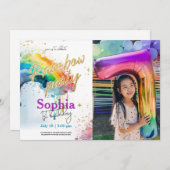 Rainbow Aquarel Goud Foto Uitnodiging Verjaardag (Voorkant / Achterkant)