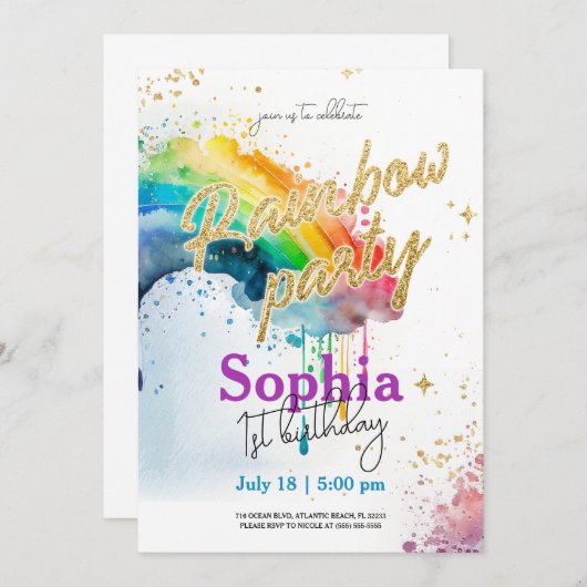 Rainbow Aquarel Gouden Verjaardag Uitnodiging (Voorkant / Achterkant)