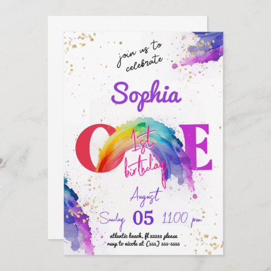 Rainbow Aquarel Gouden Verjaardag Uitnodiging (Voorkant / Achterkant)