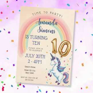 Rainbow Arch Unicorn Confetti Girl 10th Birthday Kaart