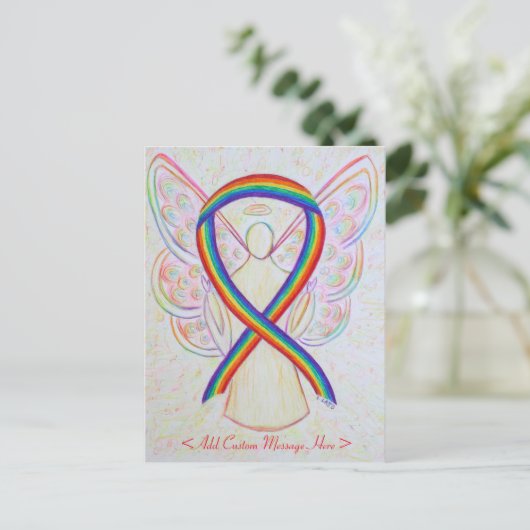 Rainbow Awareness Ribbon Angel Custom Briefkaart (Staand voorkant)