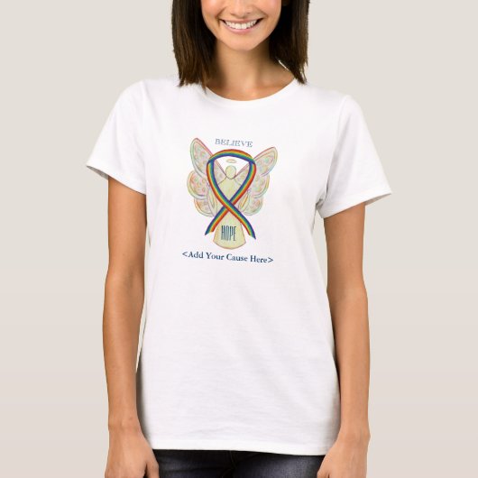 Rainbow Awareness Ribbon Angel Custom Want Shirten T-shirt (Voorkant)