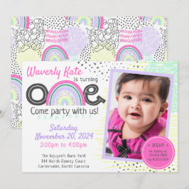 Rainbow Baby 1st Birthday Kawaii Doodles Foto Kaart