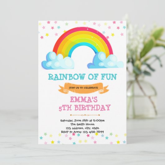 Rainbow baby bestrooit uitnodiging voor verjaardag (Staand voorkant)