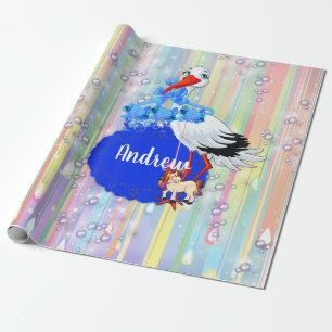 Rainbow Baby Boy & Stork Cadeaupapier