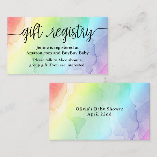 Rainbow Baby Gift Registry Douche Inzetstuk Kaart Visitekaartje (Voorkant / Achterkant)