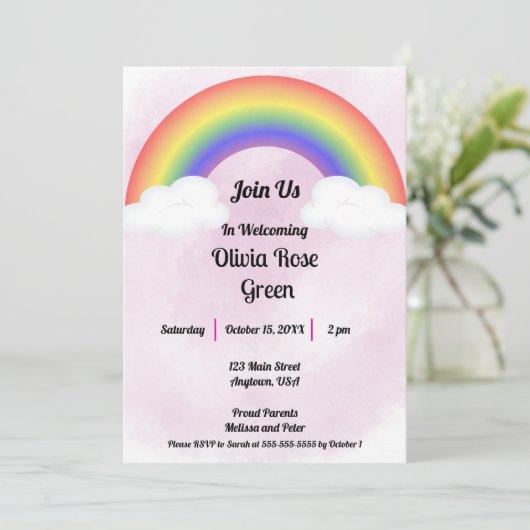 Rainbow Baby (Roze) Douche Uitnodiging (Staand voorkant)