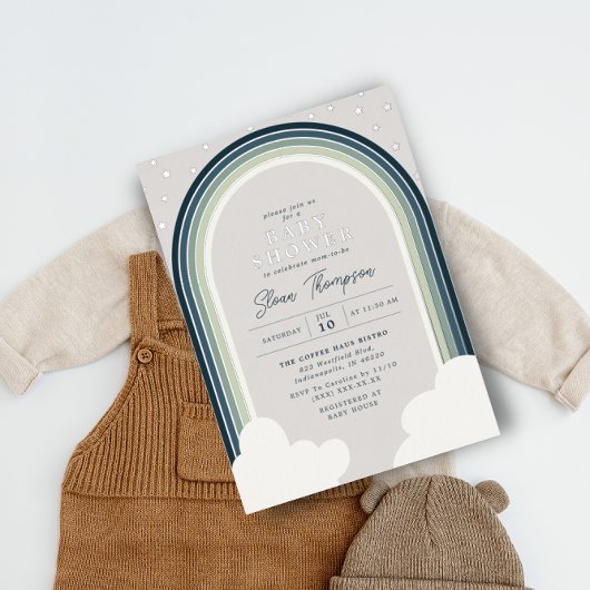 Rainbow Baby shower Blue Green Boy Silver Folie Uitnodiging