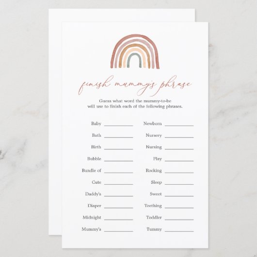 Rainbow Baby shower Finish Mummy's Phrase Game (Voorkant / Achterkant)
