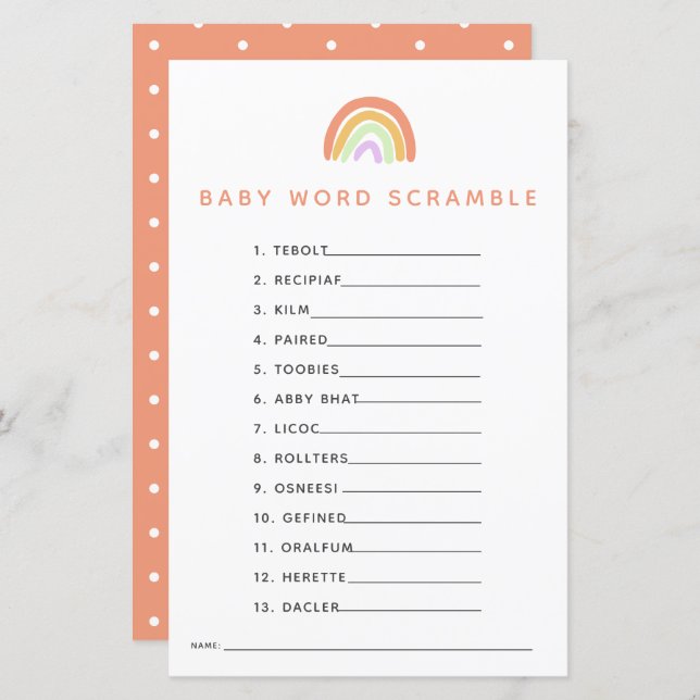 Rainbow Baby shower Game Word Scramble (Voorkant / Achterkant)