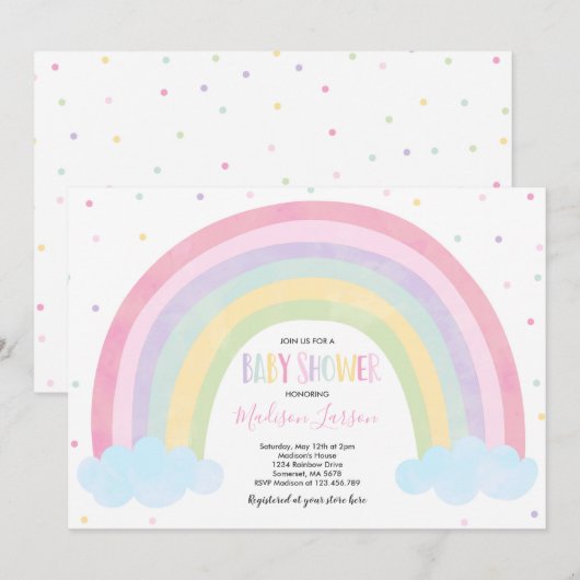 Rainbow Baby shower Invitation Pastel Rainbow Baby Kaart (Voorkant / Achterkant)