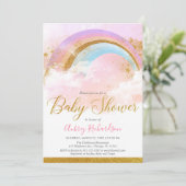 Rainbow baby shower meisje pastel roze goud kaart (Staand voorkant)