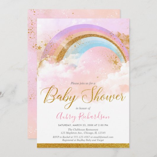 Rainbow baby shower meisje pastel roze goud kaart (Voorkant / Achterkant)