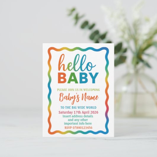 Rainbow baby shower uitnodiging gepersonaliseerde  (Staand voorkant)
