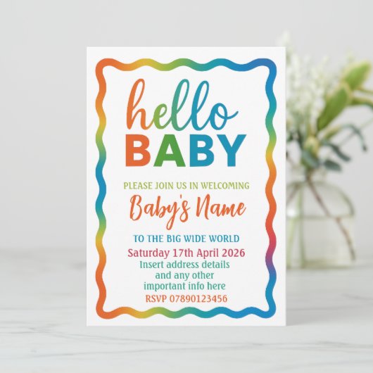 Rainbow baby shower uitnodiging gepersonaliseerde  (Staand voorkant)