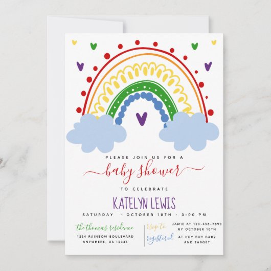 Rainbow-Baby shower-uitnodiging in primaire kleure Kaart (Voorkant)