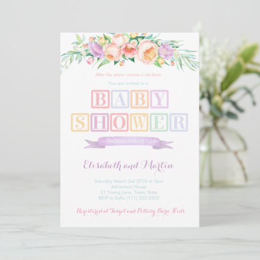 Rainbow-baby shower-uitnodigingskaarten, pastelkle kaart (Staand voorkant)