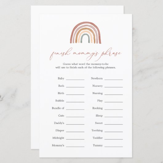 Rainbow Baby shower Voltooi het Phrase Game van ma (Voorkant / Achterkant)