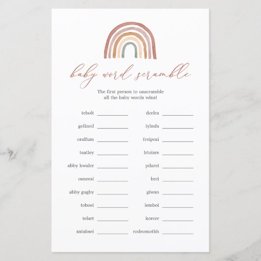 Rainbow Baby shower Word Scramble Game (Voorkant)