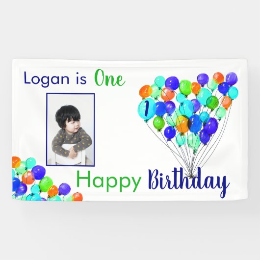 Rainbow BALLON Boy 1st Birthday Foto Blauw Groen Spandoek (Horizontaal)