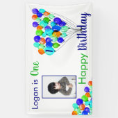 Rainbow BALLON Boy 1st Birthday Foto Blauw Groen Spandoek (Verticaal)
