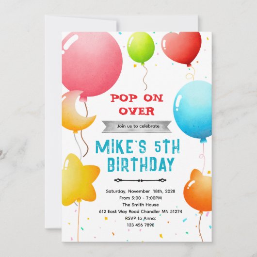 Rainbow Balloons Birthday Invitation Kaart (Voorkant)